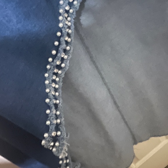 Fancy blue denim, rhinestone and pearl bordered hi lo denim jacket. - Picture 6 of 9